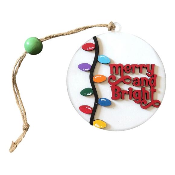 Whimsical  Red “Merry and Bright” Branch With Lights Ornament Hand Painted Wood - Picture 4 of 9